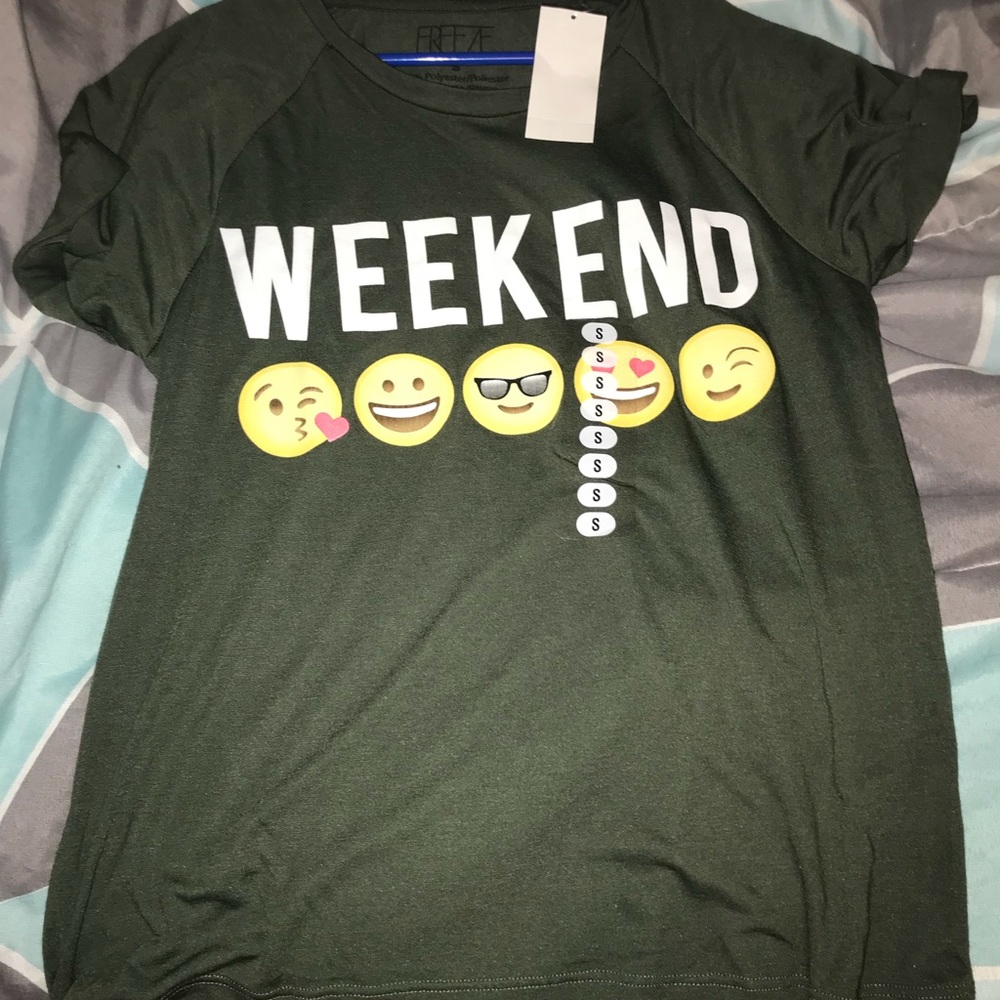 olive green tee shirt with emojis